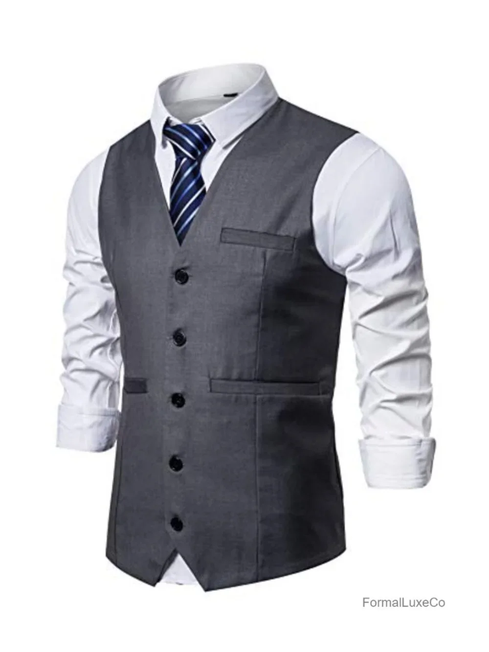 Regular Fit 5 Button V-Neck Sleeveless Suit Vest with Adjustable Back Strap for